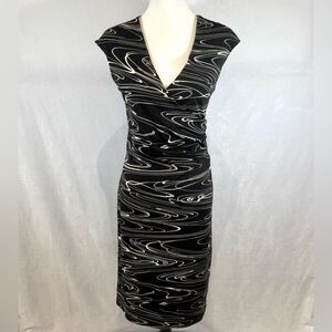 Vintage 90s Ruby black and white abstract print faux wrap midi dress size large